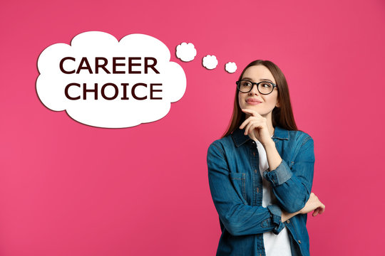 Woman Thinking About Career Choice On Pink Background