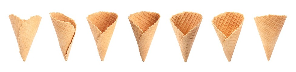 Set of empty wafer ice cream cones on white background. Banner design