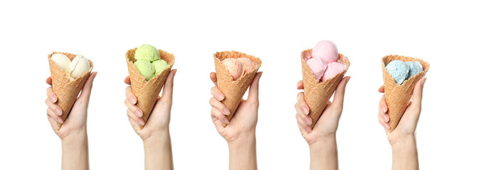 People with delicious ice creams in wafer cones on white background, closeup. Banner design