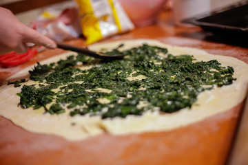 Homemade bread, kneading dough, pizza, spinach, mushrooms and ham
(Prosciutto) wraps. Girl cooking food with baking ingredients.