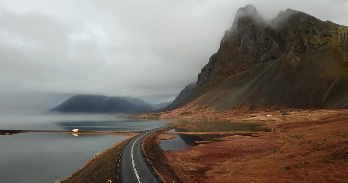Aerial shot of empty road, Eystrahorn, Hvalnes Nature Reserve, Iceland