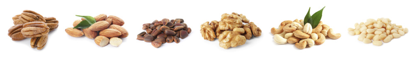 Set of different nuts on white background. Banner design