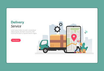Delivery service with trucking design concept. Courier character carrying box package to deliver to customer. Smartphone with gps app symbol. Business landing page with flat style drawing