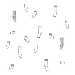 Vector illustration with randomly located socks. Pattern. Transparent outline drawing on white background.