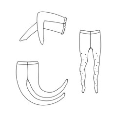 Vector illustration of pantyhose and stockings. One tights with dots. Transparent outline drawing on white background. Expanded stroke.