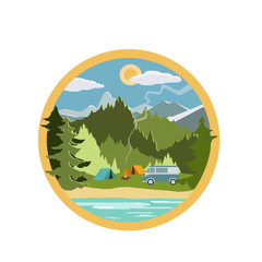 Fototapeta na wymiar Outdoor activities concept. Two tents, campfire, car. Family camping among pine forest and rocky mountains. Vector illustration in flat design.