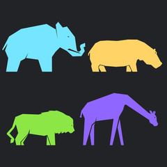 Set of multi-colored african animals in different poses on a dark background, lions and hippos, elephants and giraffes, vector illustration