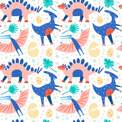 Set of little cute dinosaurs. Diplodocus, pteranodon, stegosaurus, dino eggs. Prehistoric animals. Jurassic world. Flat cartoon colourful vector hand drawn seamless pattern, texture.RGB © Fox._.biz