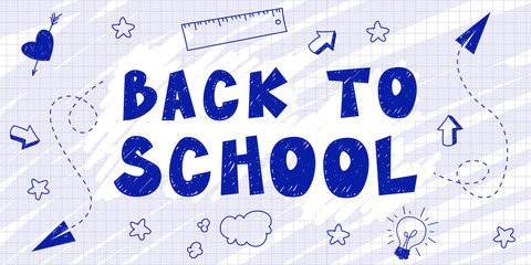Banner of back to school. Lettering with a pen on a sheet in a cage. Comic font. Vector illustration