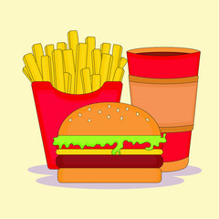Сolorful fast food vector. Delicious hamburger, french fries and coffee.