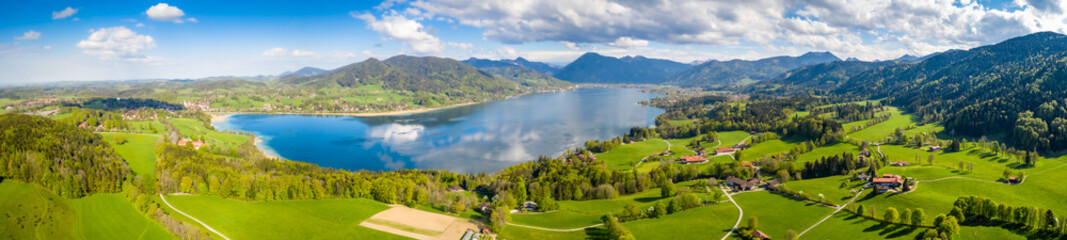 Lake Tegernsee in the Bavarian Alps. Aerial Drone Panorama Shot. Spring