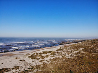 Beautiful aerial vibrant view of Esposende in Portugal. View from the Portuguese coastline (Natural Park of the North Coast) with the Atlantic ocean. 