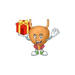 Charming bladder mascot design has a red box of gift