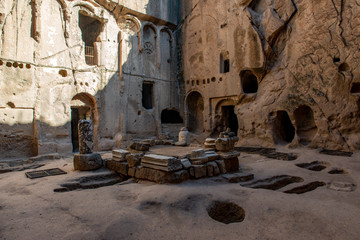 Gumusler Underground Monastery Courtyard in Nigde, Turkey. Gumusler Monastery ruins and the monastery was one of the important religious center of its period.