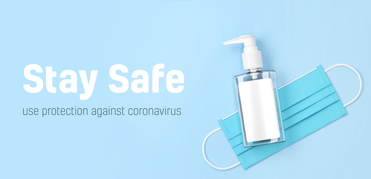 Hand Sanitizer Gel In A Plastic Mini Pump Bottle And Surgery Mask. Use Protection Against Coronavirus .