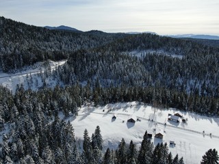 Aerial view of mountain village at winter, Trebevic mountain near Sarajevo, Bosnia and Herzegovina