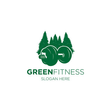 Green Fitness Logo With Barbell And Tree