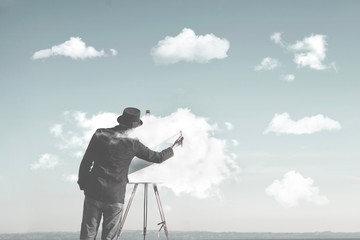 clouds creator, man painting many clouds shapes, surreal concept - obrazy, fototapety, plakaty