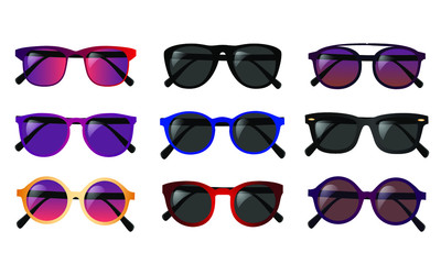 Set of realistic glasses, gradient and plain lenses, bright frames, vector illustration on a white background	
