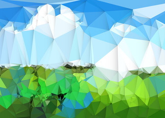 Illustration abstract image of landscape with tree and clouds on blue sky. Vector modern graphic design, geometric polygon pattern, colorful polygonal shape for background.