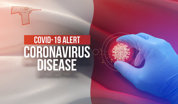 COVID-19 alert, coronavirus disease - letter typography text. Medical virus molecular concept with flag of Malta. 3D illustration.