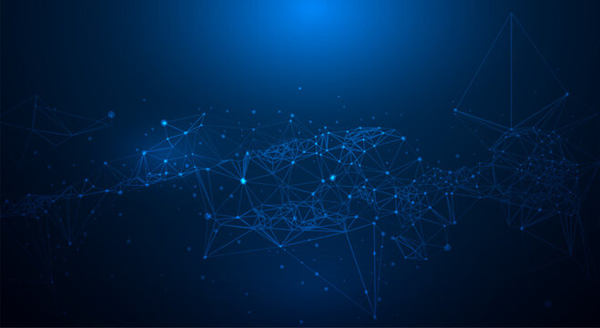 Vector illustration molecule,Connected lines with dots,technology on blue background. Abstract internet network connection design for web site.Digital data,communication,science and futuristic concept