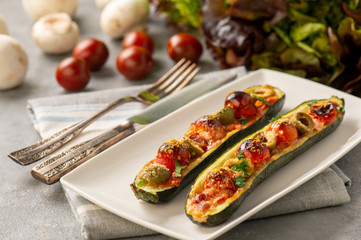 Zucchini pizza boats, low carb food.