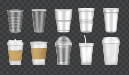 Set of empty transparent realistic cup glasses. Mockup paper, plastic disposable 3D glasses takeaway for cold and hot drinks. Container plastic cup mockups for juice, tea, coffee vector illustration.
