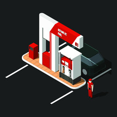 Isometric Vector Illustration of a single unit gas pump, an employee, and a car.