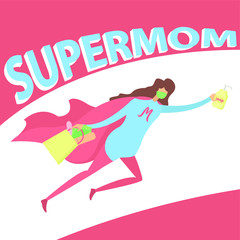 Mother's day supermom concept: mother figure flying in her superhero costume while carrying soap bottle and grocery bag