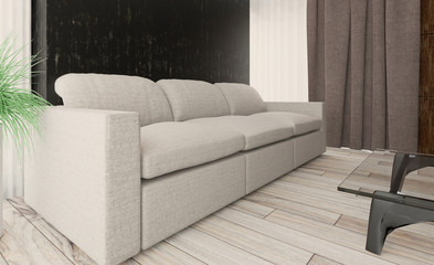 living room. white leather sofa. big windows. walls made of wood panels.. 3D rendering