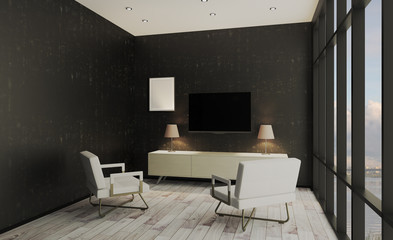Interior of a living room with a large window. TV weighs on the wall. Chairs on the parquet floor. Mockup.   Empty paintings. 3D rendering