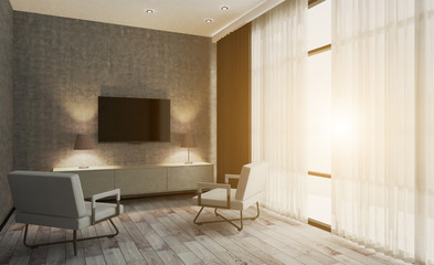 The interior of the living room in a minimalist style. Black curtain with tulle on a large window. comfortable chairs for watching TV. Sunset. 3D rendering