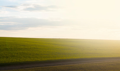 Green field on the horizon. Blue sky.