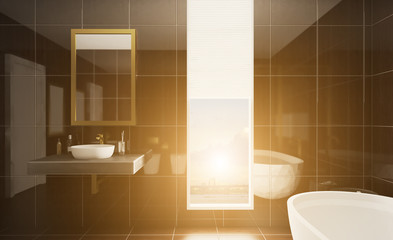 Spacious bathroom in gray tones with heated floors, freestanding tub. 3D rendering.