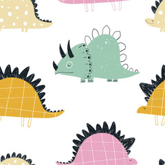 Vector hand-drawn colored seamless repeating children pattern with cute dinosaurs in Scandinavian style on a white background. Baby pattern with dinosaurs. Cute baby animals.
