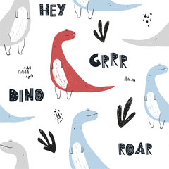 Modèle d& 39 enfants répétés sans couture de couleur dessinés à la main de vecteur avec des dinosaures mignons et des lettres de style scandinave sur fond blanc. Modèle de bébé avec des dinosaures. Mignons bébés animaux.