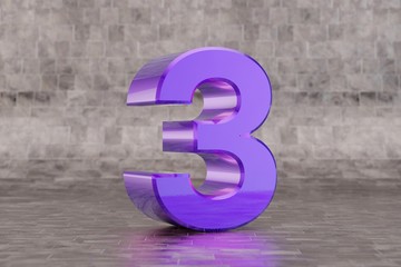 Violet 3d number 3. Glossy indigo number on tile background. 3d rendered font character.