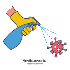 Black line icon antiseptic spray. Hands in gloves hold bottle with pump. Prevention controlling epidemic of coronavirus covid-2019. Worker disinfects. Vector design. Cleaner in hand. Runaway virus.