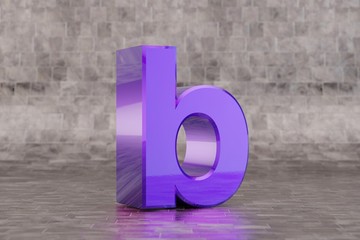 Violet 3d letter B lowercase. Glossy indigo letter on tile background. 3d rendered font character.