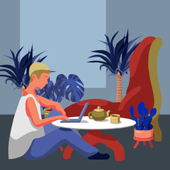 Man with laptop on grey backdrop. Online studying for website or social banner, remote job vacancy, info card, labor exchange. Web template or landing page. Flat style stock vector illustration