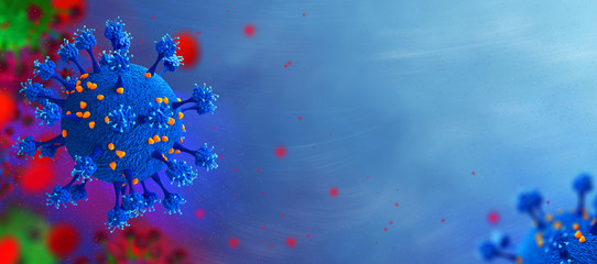 Coronavirus 2019-nCov new kind of coronavirus that caused a pandemic, severe illness, flu, pneumonia, danger to healthy body cells, virus cells under a microscope, 3D rendering