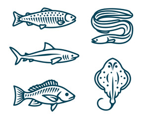 Set of fish vector isolated icons for groceries, fish stores or restaurants and cafe