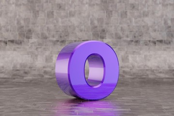 Violet 3d letter O lowercase. Glossy indigo letter on tile background. 3d rendered font character.