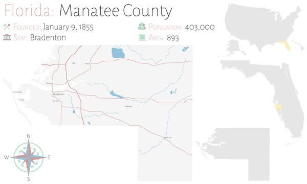 Large and detailed map of Manatee county in Florida, USA.
