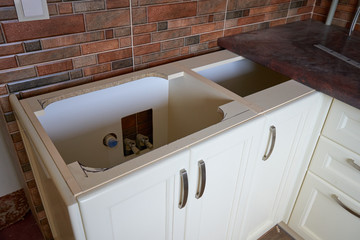 cut out a hole under the sink in the furniture,the kitchen is cut into the furniture hole to...