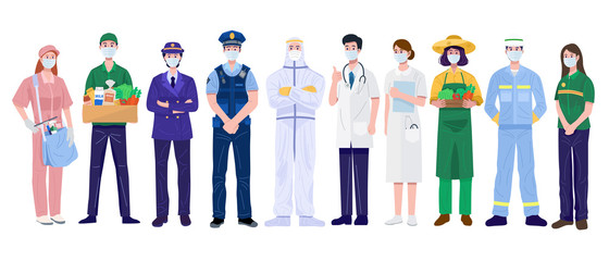 Thank You Essential Workers Concept. Various occupations people wearing face masks. Vector