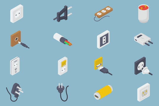 Set of Isometric Electronics Plugs icon and socket. Electronic power illustration concept. Vector
