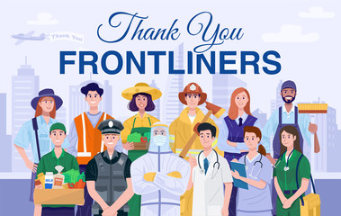 Thank You Frontliners Concept. Various occupations people. Vector
