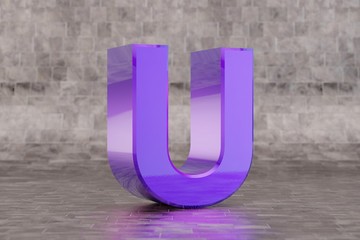 Violet 3d letter U uppercase. Glossy indigo letter on tile background. 3d rendered font character.